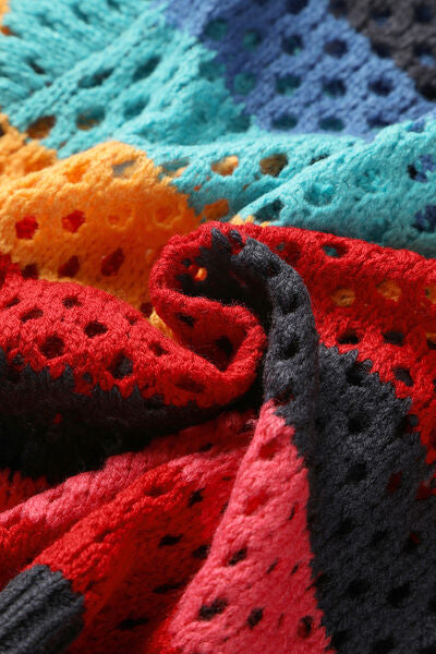 Openwork Color Block Tied Cardigan Shop One Place