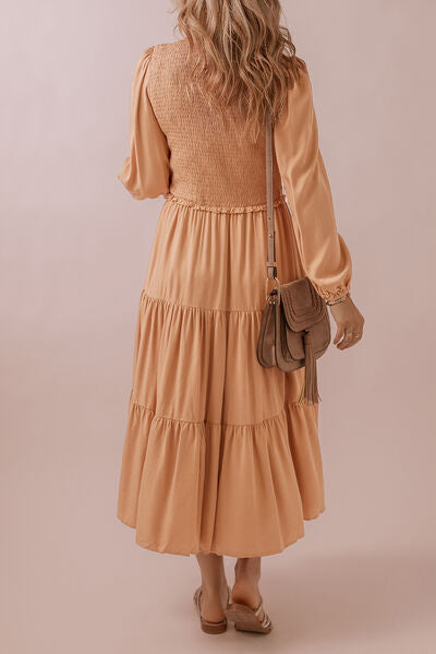 Smocked V-Neck Long Sleeve Tiered Dress Shop One Place