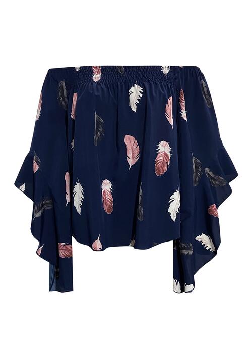 Feather Print Smocked Off-Shoulder Blouse Shop One Place