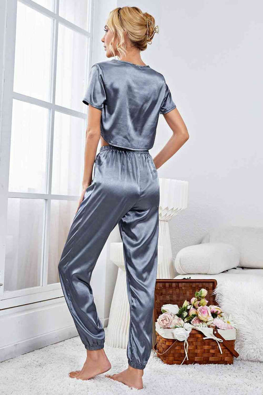 Satin Short Sleeve Crop Top and Joggers Lounge Set Shop One Place