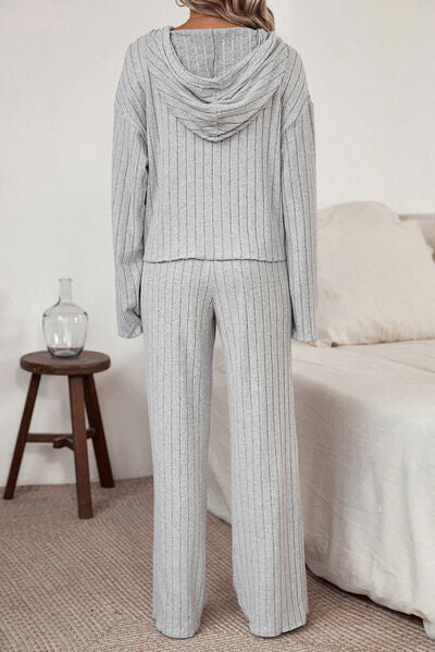 Ribbed Drawstring Hoodie and Pants Lounge Set Shop One Place