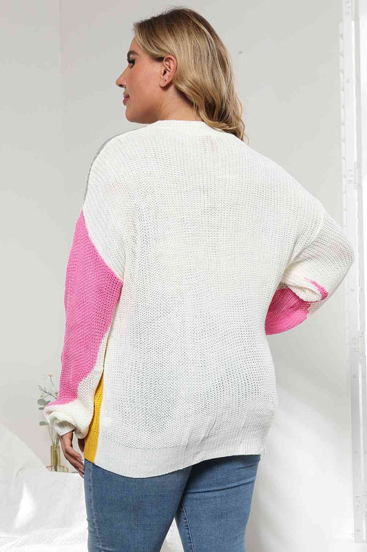 Plus Size Color Block Round Neck Sweater Shop One Place
