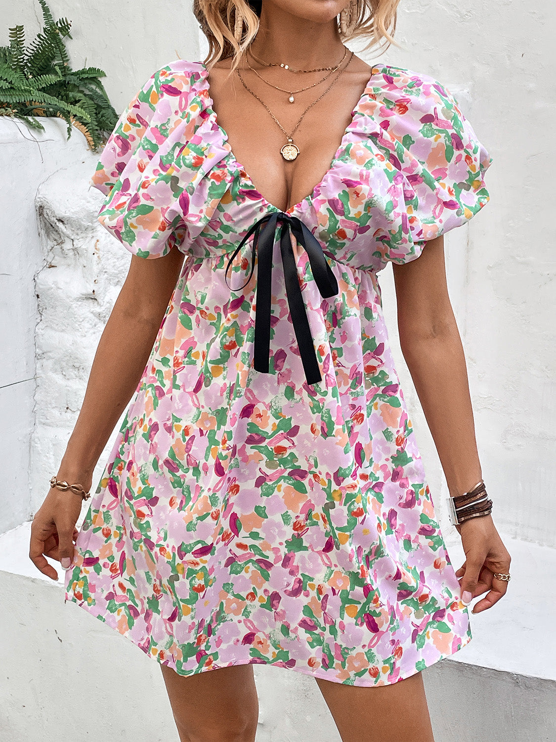 Printed V-Neck Puff Sleeve Mini Dress Shop One Place