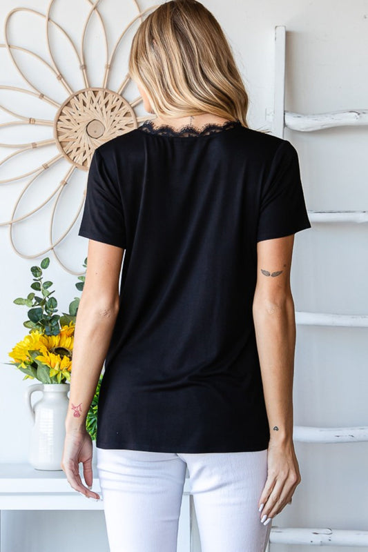 Heimish Lace Detail V-Neck Short Sleeve T-Shirt Shop One Place