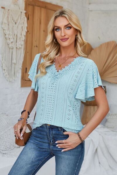Eyelet Applique V-Neck Cap Sleeve T-Shirt Shop One Place