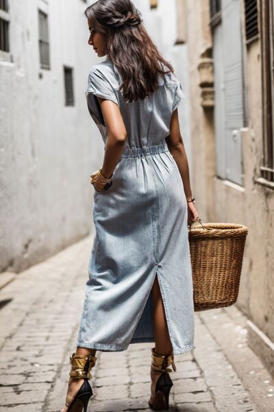 Slit Pocketed Half Button Denim Dress Shop One Place