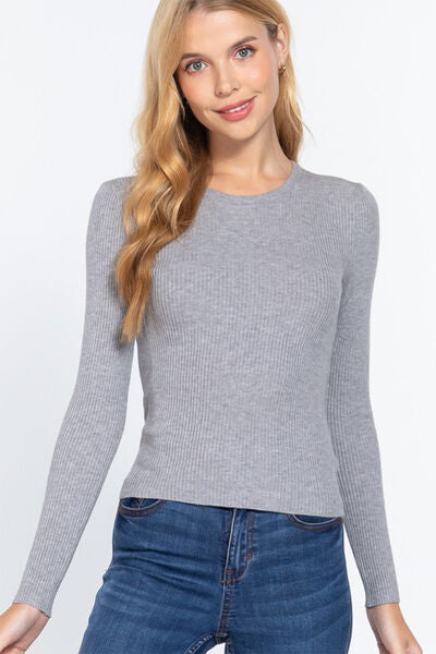 ACTIVE BASIC Full Size Ribbed Round Neck Long Sleeve Knit Top Shop One Place