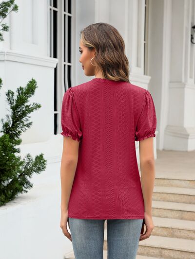 Eyelet Round Neck Short Sleeve Blouse Shop One Place