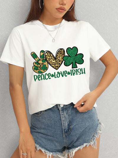 PEACE LOVE IRISH Round Neck Short Sleeve T-Shirt Shop One Place