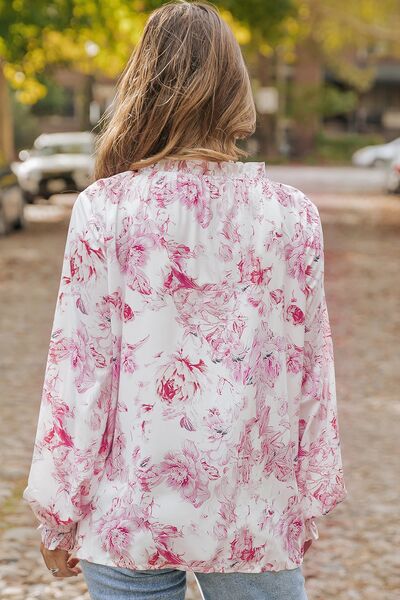 Floral Tie Neck Flounce Sleeve Blouse Shop One Place