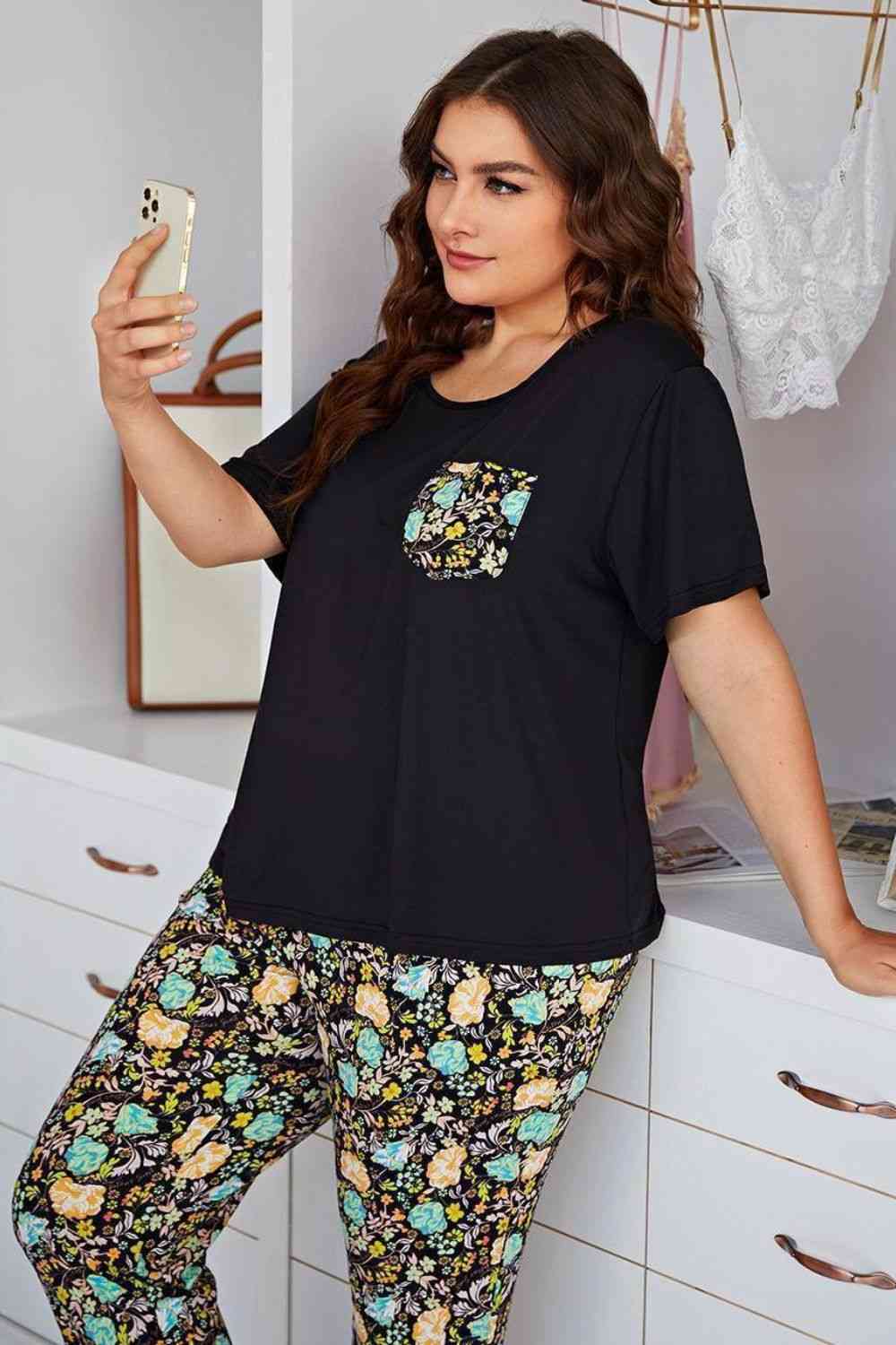 Plus Size Contrast Round Neck Tee and Floral Pants Lounge Set Shop One Place