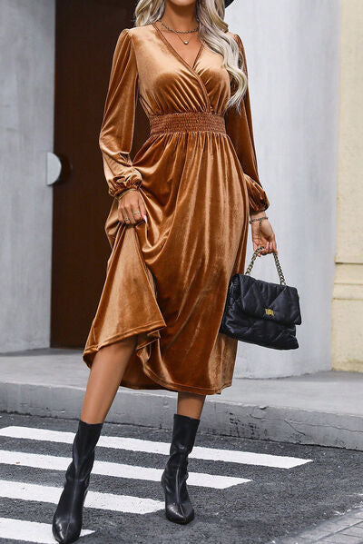 Surplice Balloon Sleeve Smocked Midi Dress Shop One Place