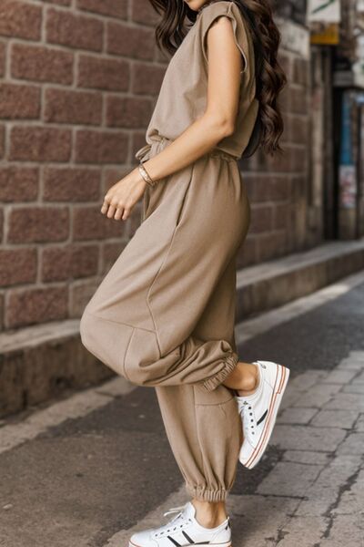Drawstring Round Neck Cap Sleeve Jumpsuit Shop One Place