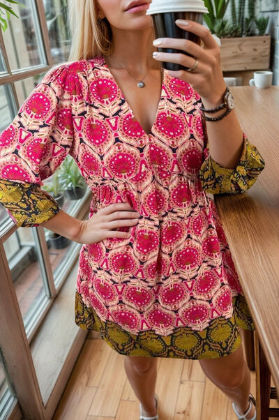 Printed V-Neck Three-Quarter Sleeve Dress Shop One Place