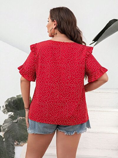 Plus Size Polka Dot Notched Flounce Sleeve Blouse Shop One Place