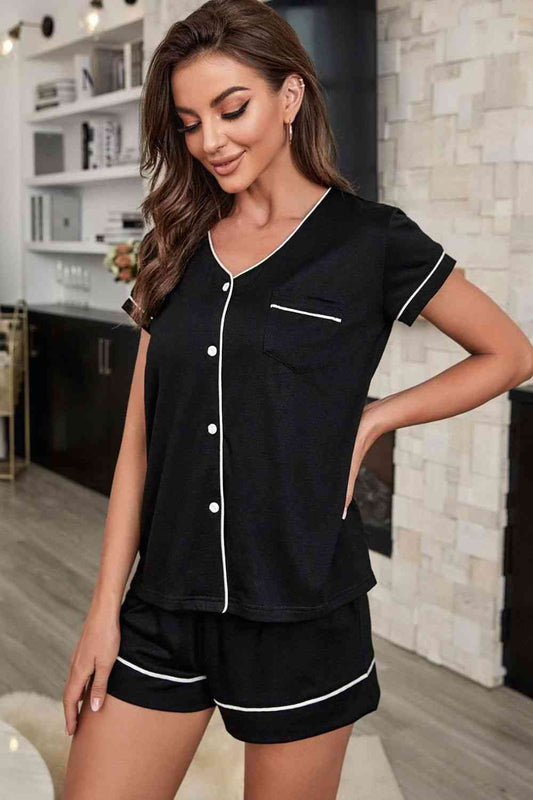 Contrast Piping Button-Up Top and Shorts Pajama Set Shop One Place