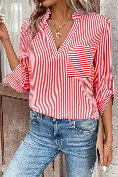 Striped Notched Roll-Tab Sleeve Shirt Shop One Place