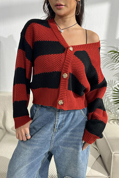 Striped Button Up Dropped Shoulder Cardigan Shop One Place