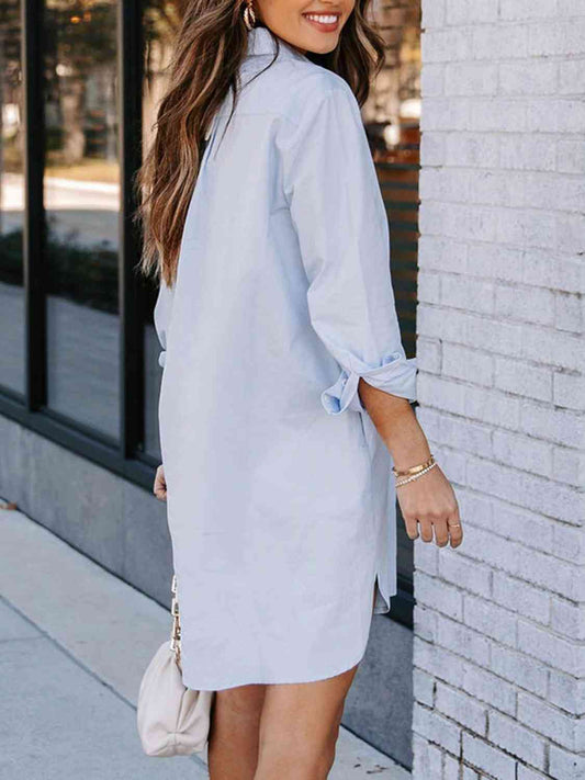 Button Up Collared Neck Long Sleeve Shirt Dress Shop One Place