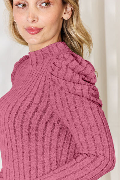 Basic Bae Full Size Ribbed Mock Neck Puff Sleeve T-Shirt Shop One Place