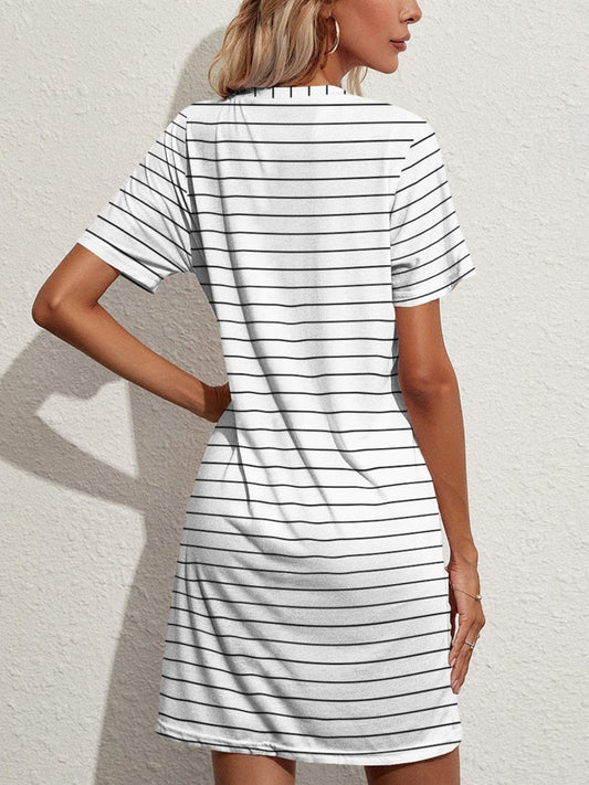 Pocketed Striped Round Neck Short Sleeve Dress Shop One Place