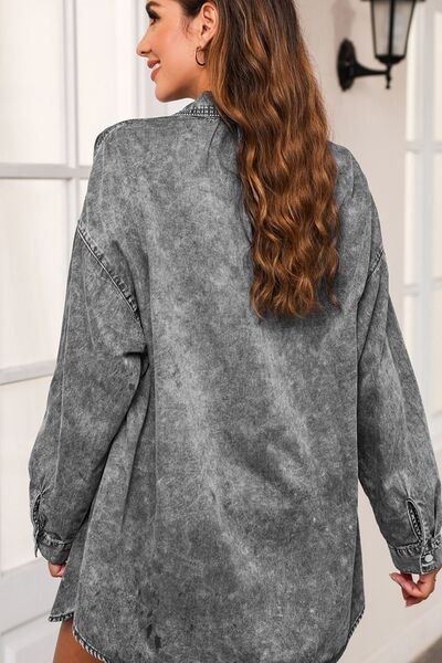 Button Up Dropped Shoulder Denim Top Shop One Place