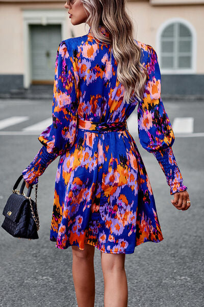 Printed Tie Waist Mock Neck Lantern Sleeve Dress Shop One Place
