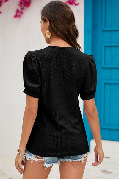 Eyelet V-Neck Short Sleeve T-Shirt Shop One Place
