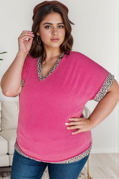Plus Size Leopard V-Neck Short Sleeve T-Shirt Shop One Place