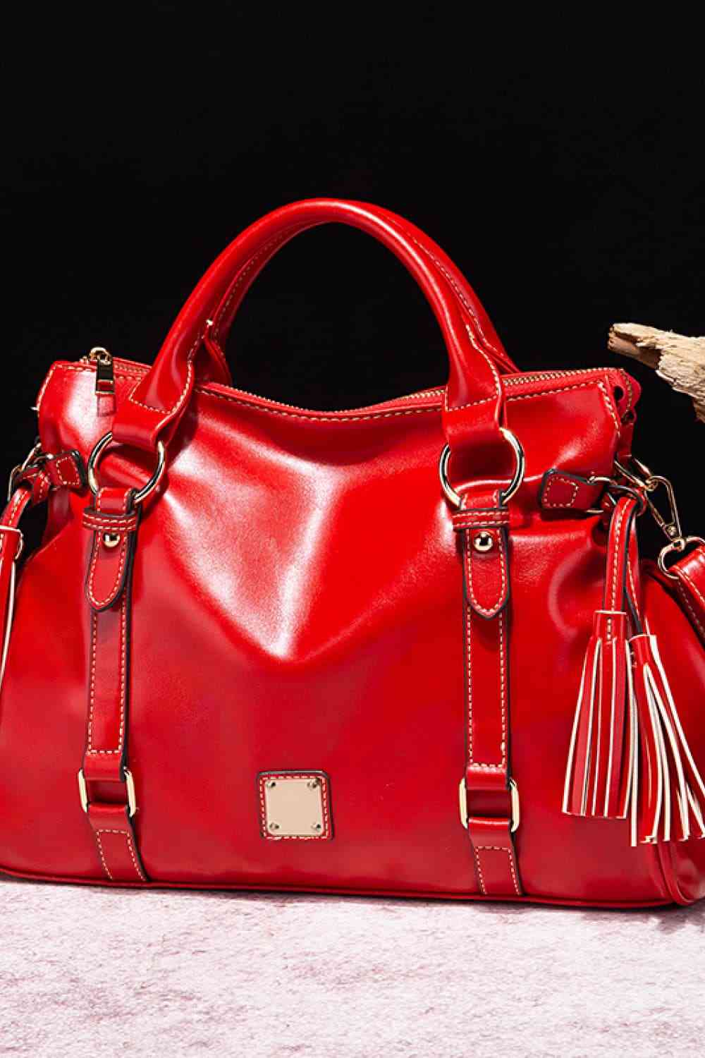 PU Leather Handbag with Tassels Shop One Place