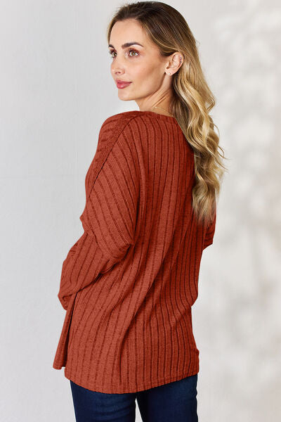 Basic Bae Full Size Ribbed Half Button Long Sleeve T-Shirt Shop One Place