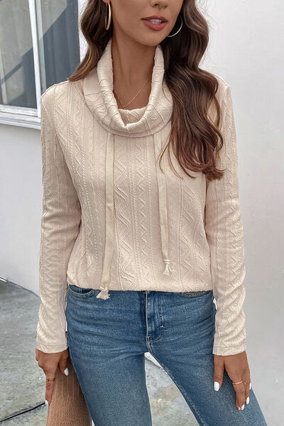 Tied Mock Neck Long Sleeve Knit Top Shop One Place