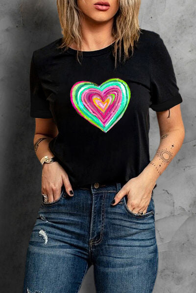 Heart Round Neck Short Sleeve T-Shirt Shop One Place