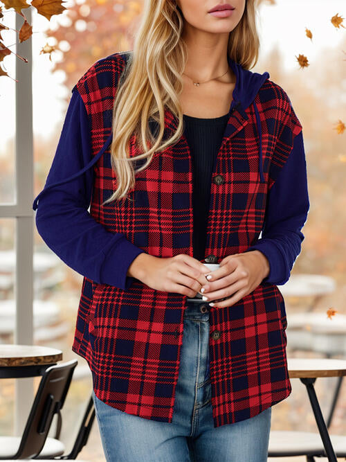 Contrast Button Up Drawstring Hooded Shirt Shop One Place