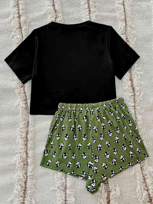 Graphic Tee and Panda Print Shorts Lounge Set Shop One Place
