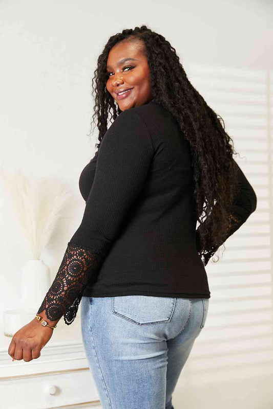 Double Take Crochet Lace Hem Sleeve Button Top Shop One Place