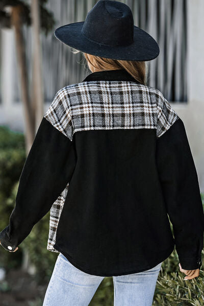 Plaid Pocketed Button Up Denim Jacket Shop One Place