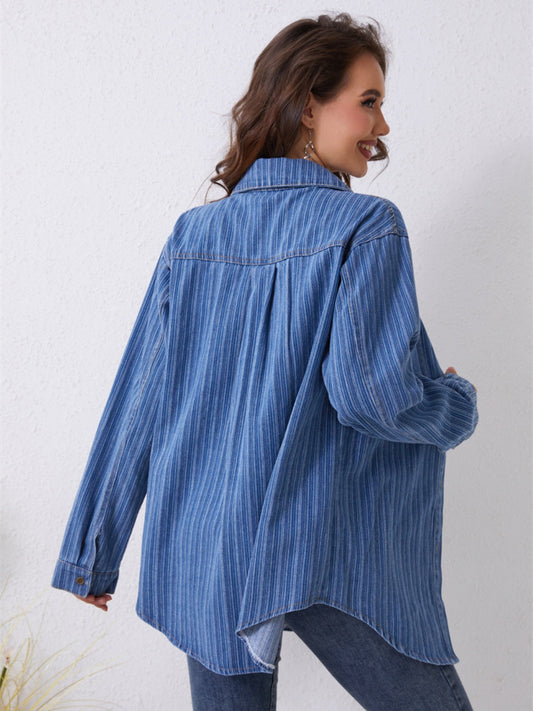 Pocketed Striped Button Up Denim Shirt Shop One Place