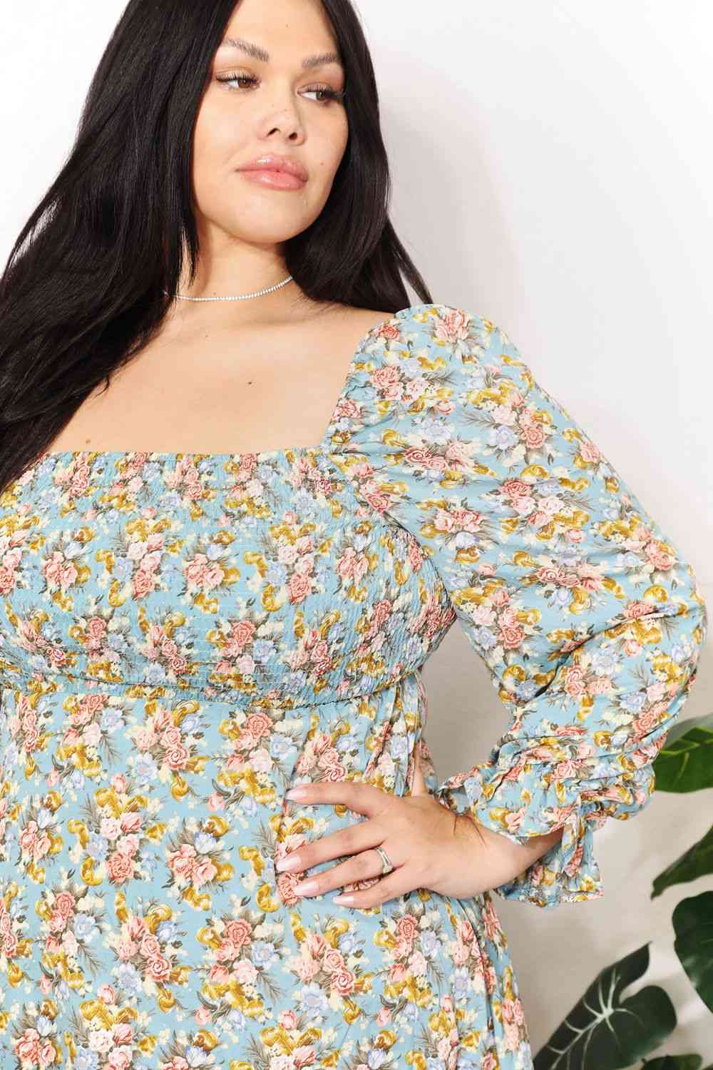 Floral Smocked Flounce Sleeve Square Neck Dress Shop One Place