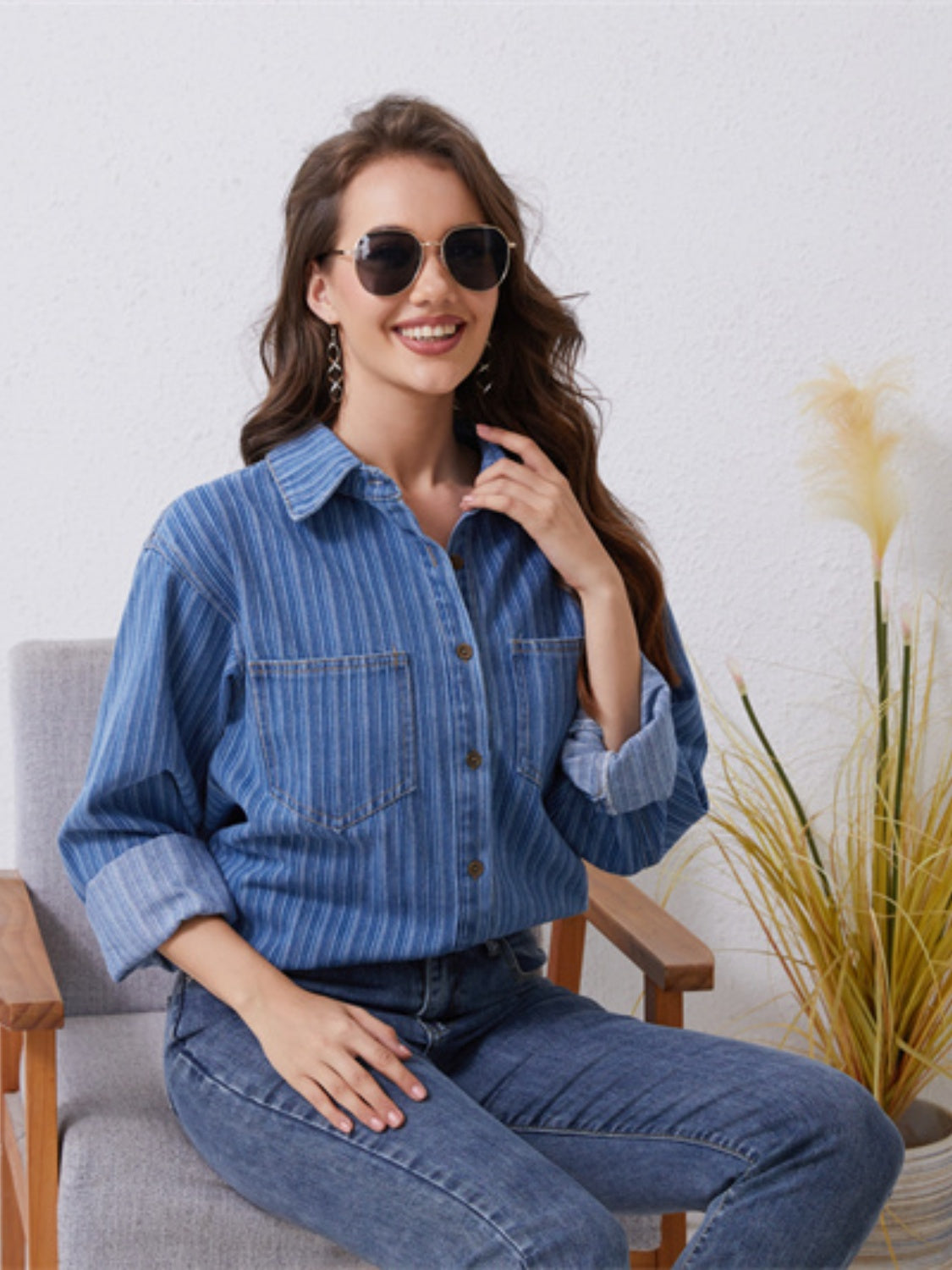 Pocketed Striped Button Up Denim Shirt Shop One Place