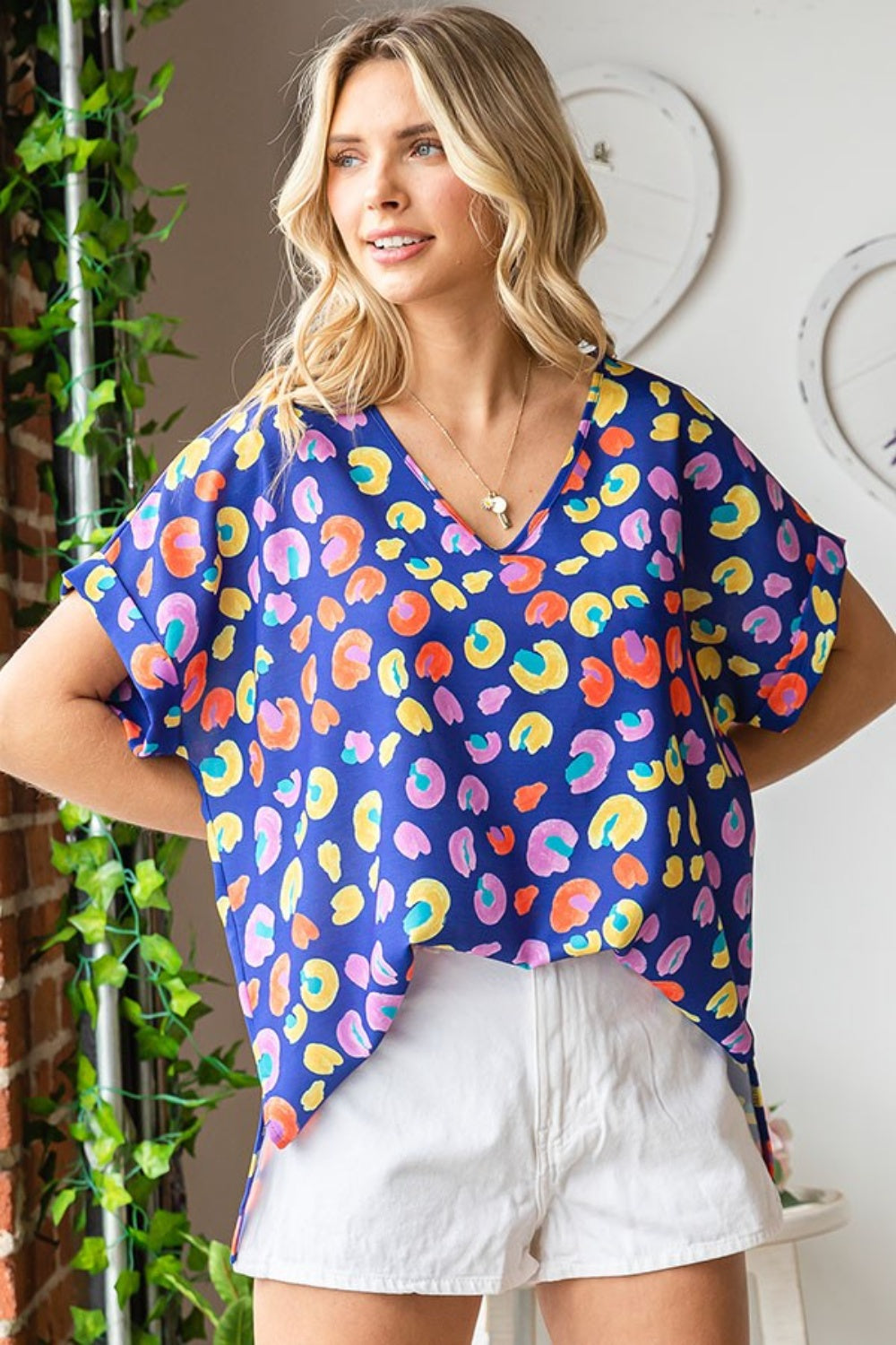 First Love Printed V-Neck Short Sleeve Blouse Shop One Place