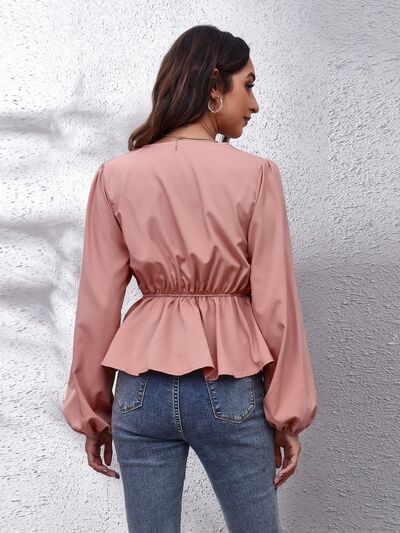 V-Neck Balloon Sleeve Peplum Blouse Shop One Place
