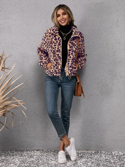Drawstring Leopard Zip Up Jacket Shop One Place