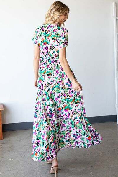 First Love Slit Printed Surplice Tie Waist Short Sleeve Dress Shop One Place