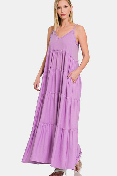 Zenana Frill Tiered V-Neck Maxi Cami Dress Shop One Place