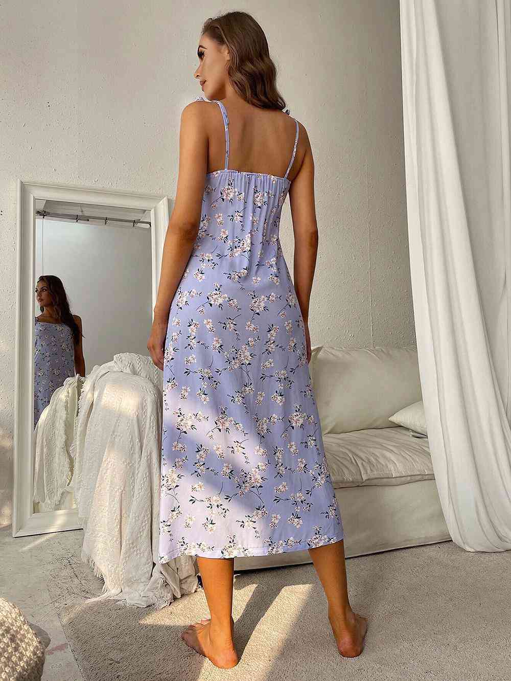Printed Tie Shoulder Midi Night Dress Shop One Place