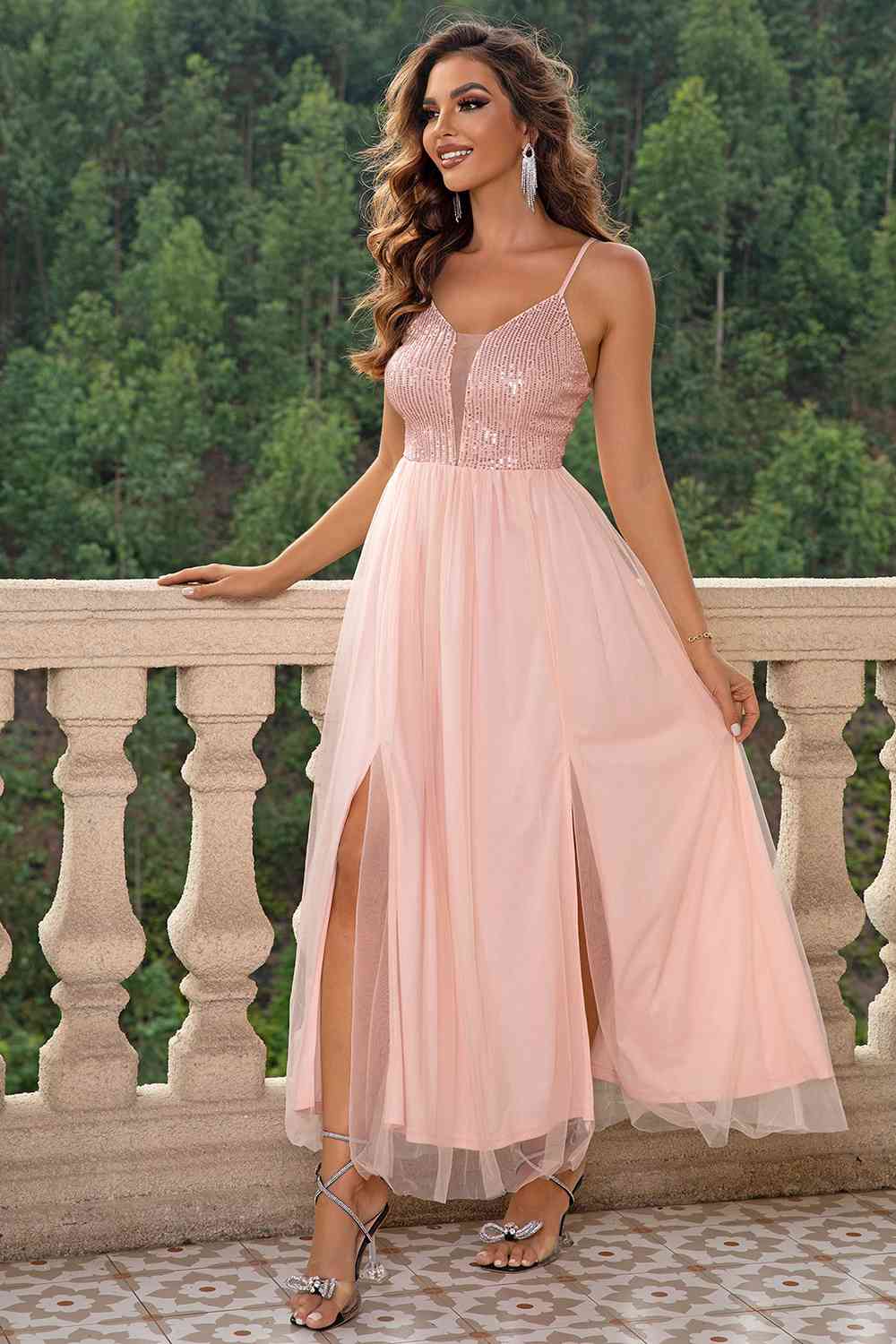 Spaghetti Strap Slit Mesh Dress Shop One Place