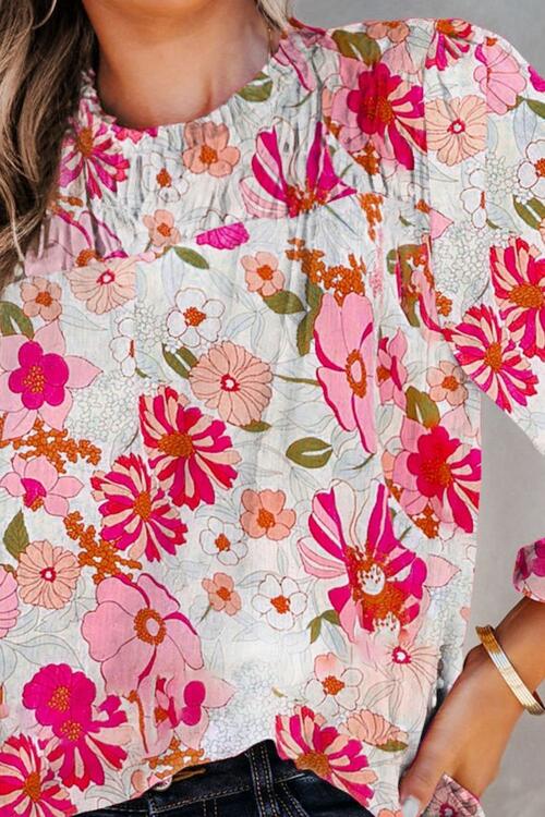 Floral Round Neck Balloon Sleeve Blouse Shop One Place