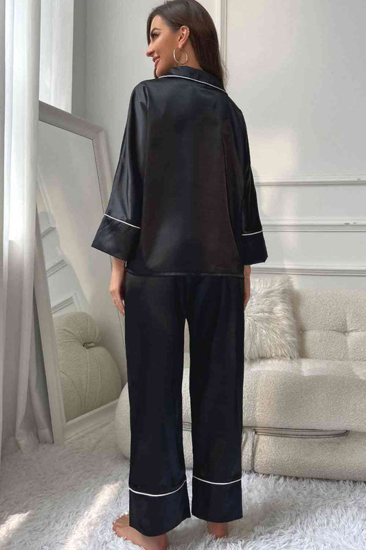 Contrast Piping Button-Up Top and Pants Pajama Set Shop One Place