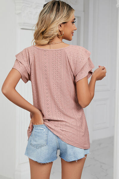 Eyelet V-Neck Short Sleeve T-Shirt Shop One Place